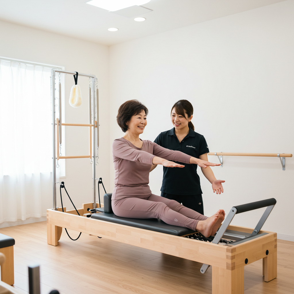スタジオ入口で笑顔のインストラクターと女性